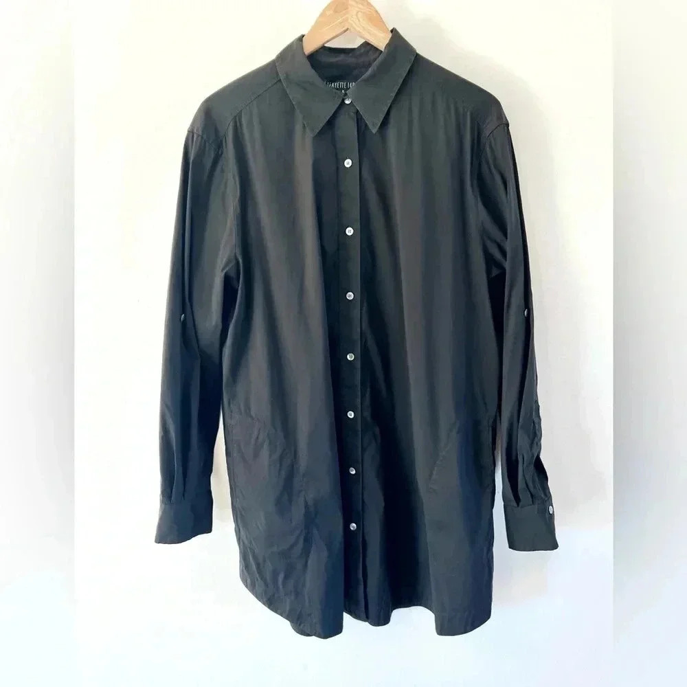 Layfayette 148 New‎ York Black Long Sleeve Roll Tab Shirtdress/Tunic Top Size 16 - Picture 1 of 12